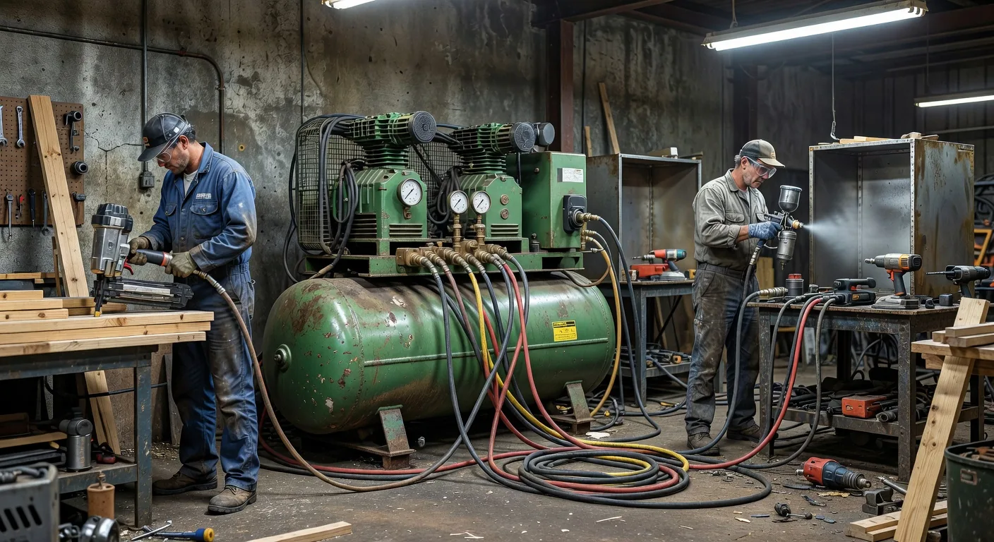 Industrial workshop environment with pneumatic equipment and professional work footwear